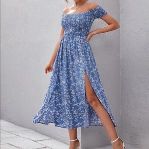Boho floral shirred off shoulder thigh slit dress